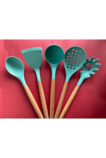 Multiamo Bamboo Handle Silicone Serving Set 5 Pieces, Ladle, Spoon, Colander, Pasta Spoon, Angled Spatula,
