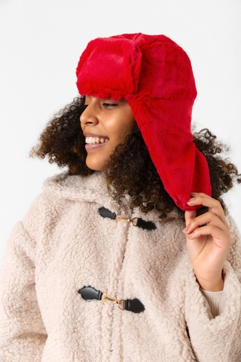 MARBERRY Red Faux Fur Earflap Women's Beanie Hat