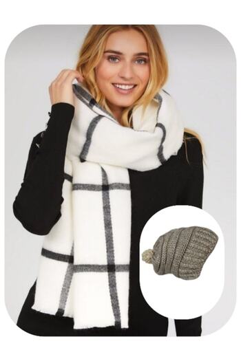 sema aksesuar Ecru Black Striped Scarf and Beige Beret Set - Valentine's Day Gift - Shawl