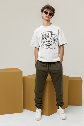 ADA BEBEK ÇOCUK Black Cool Bear Printed 100% Cotton Men's Crew Neck Oversize T-Shirt