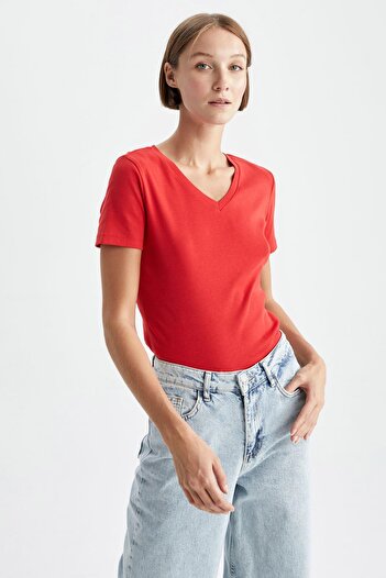 DeFacto V-Neck Slim Fit Rib T-Shirt - 100% Cotton, Short Sleeve, I1080Az23Sm