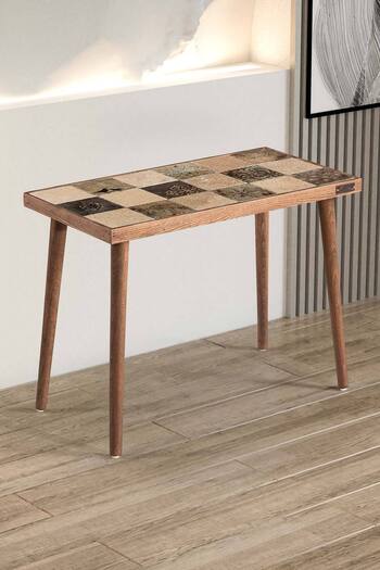 bluecape Traverten Taşlı Bavyera Doğal Ağaç 62x32cm Ceviz Dekoratif Sehpa