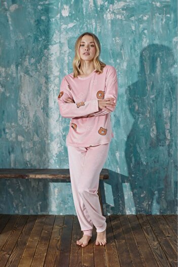 MEBA Pink Teddy Bear Pattern Printed Soft Velvet Women's Pajama Set -1