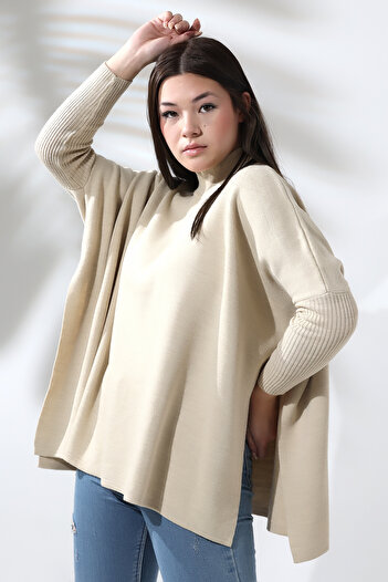 Devinka Women's Beige Oversize Slit Knitwear Poncho Sweater