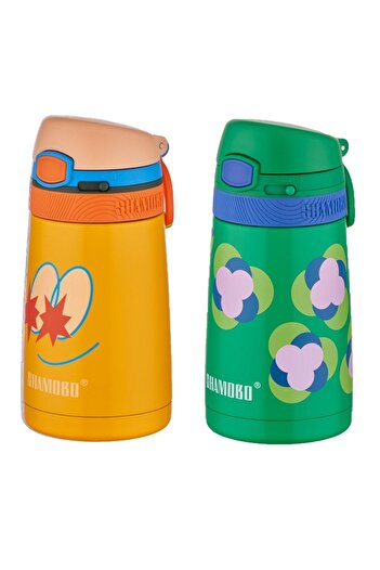 Shamobo Set of 2 Steel Thermos with Straw 350ml -6 Hours Thermal Insulation-