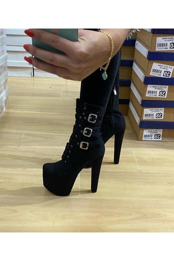 Afilli Botine de damă din piele intoarsa neagra cu catarama cu siret cu platforma groase cu toc inalt Botine elegante