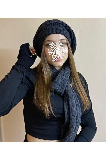 sema aksesuar 3-Piece Winter Anthracite Color Beret - Scarf and Black Color Finger Cut Gloves Set
