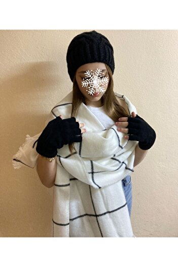 sema aksesuar Teachers' Day - Black Striped Scarf, Black Knitted Beanie and Finger Cut Out Gloves Set - Shawl