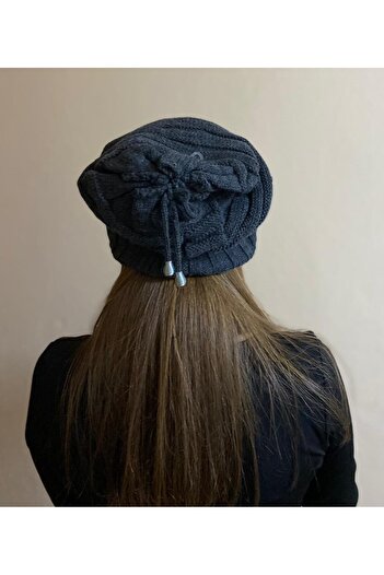 sema aksesuar 3-Piece Winter Anthracite Color Drawstring Beanie - Scarf and Black Color Finger Cut Gloves Set