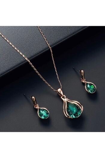 Takıtolia Elegant Elegant Water Drop Bright Green Crystal Rhinestone Necklace Earring Set