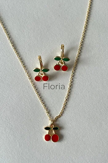 Floriaco Cherry Earrings and Cherry Necklace Set with Chain Cherry Necklace Karne Gift Birthday Gift Set