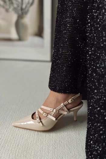 POLKA STORE Obsession Triple Pointed Toe Three-Striped Buckle Beige Skin Ecru Nude Patent Leather Heeled Women's Shoes