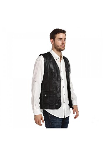 hoaryage Men's Black Genuine Lambskin Vest with Fur Inside and Piping