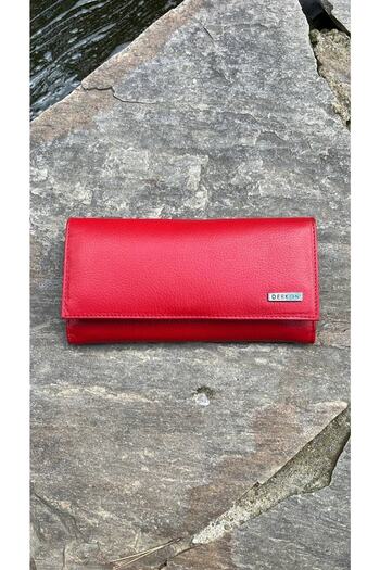 DERKON Mother's Love Genuine Leather Red Women's Wallet with Placket on the Back and Plenty of Card Holders