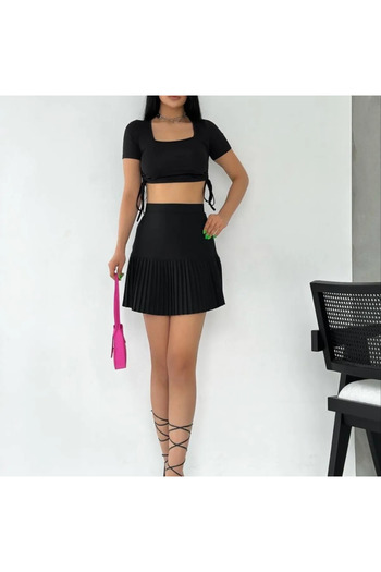Damla Half Pleated Mini Skirt Black