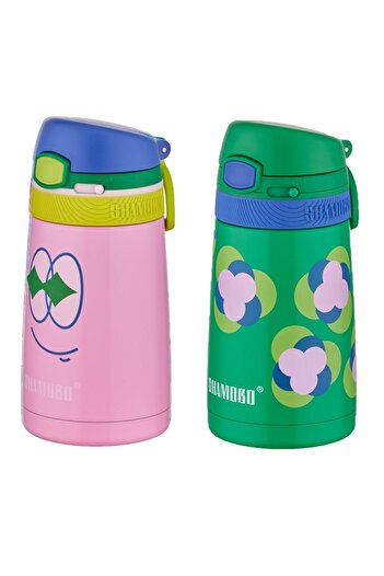 Shamobo Set of 2 Steel Thermos with Straw 350ml -6 Hours Thermal Insulation-