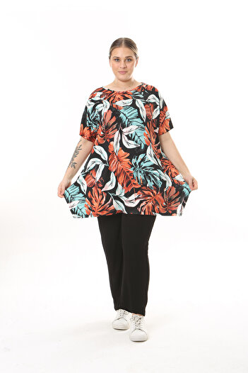 XL Modam WOMEN'S LARGE SIZE ORANGE BLUE LEAVE PATTERNED LYCRAL TUNIC