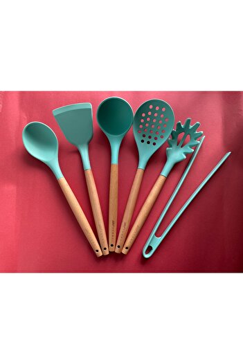 Multiamo Bamboo Handle Silicone Serving Set 6 Pieces, Ladle, Spoon, Colander, Pasta Spoon, Angled Spatula, Tongs
