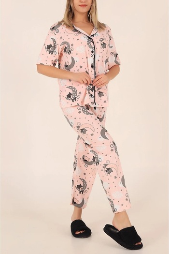 Le Savu Pudra Renkli Düğmeli Kedi& Ay Desenli Kısa Kollu Pijama Takımı Sevunera