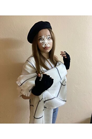 sema aksesuar Ecru Black Striped Scarf, Black Painter Beret and Cut-toes Gloves Set - Women's Day - Shawl