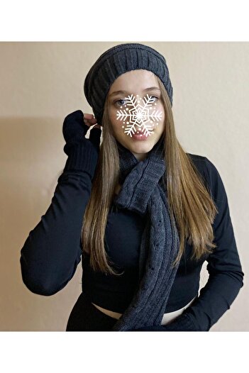 sema aksesuar 3-Piece Winter Anthracite Color Drawstring Beanie - Scarf and Black Color Finger Cut Gloves Set