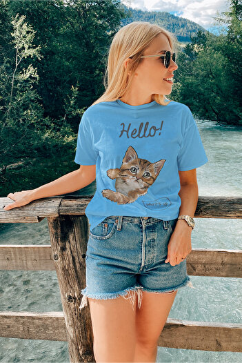 ADA BEBEK ÇOCUK Hello Cat 100 бавовняний жіночий виріз для екіпажу з великою шиєю Tisort