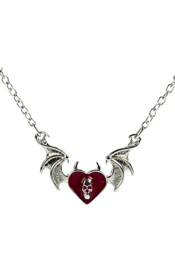 Mood Agenda Punk Gothic Bat Winged Skull Heart Antique Silver Plated Lover Necklace