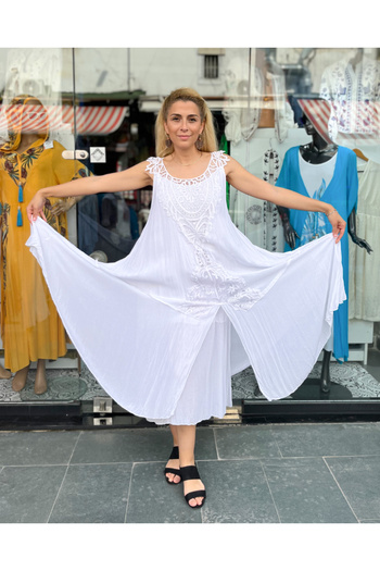 Sosyete Kaplumbağa Authentic Voile Cotton Guipure Detailed Strappy White Maxi Dress