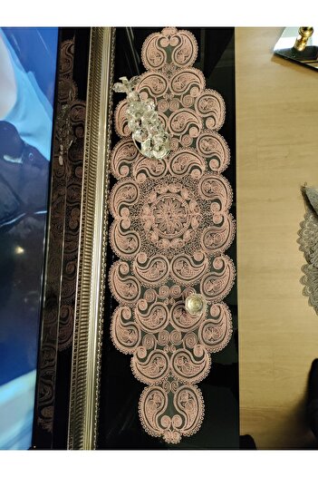 CAMİNHO DA LUA Damla 5 Parça Lüks Runner Salon Oda Sehpa Masa Örtü Takımı Fransız Güpürlü Çeyizlik Set Pudra
