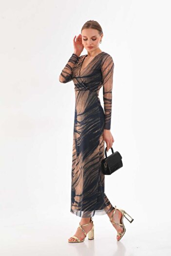 CİXAPLE V-Neck Lycra Printed Tulle Dress