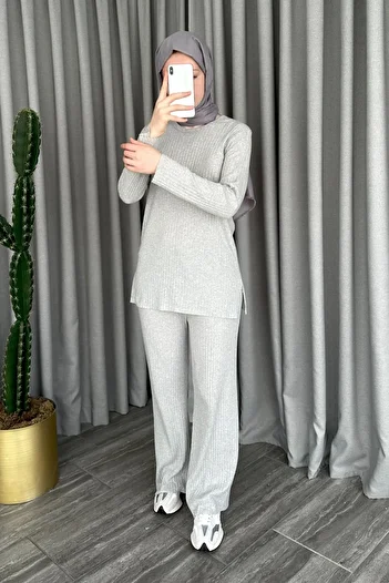 ModaAycan MA102 Model Gray Corded Slit Suit Set