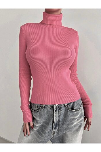 Buteks Unisex Pembe Premium Pamuklu Balıkçı Yaka Kaşkorse Şardonlu Slimfit Boğazlı Kazak