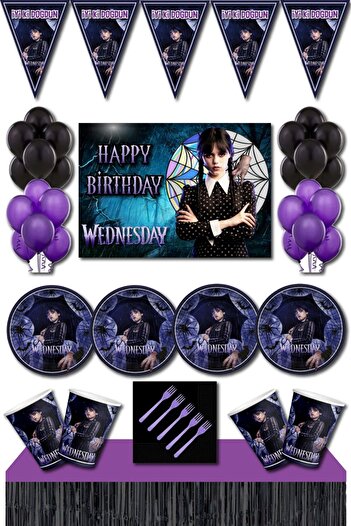 Parti Furyası Wednesday Birthday Concept 8-Person Banner Wednesday Birthday Set with Black Table Skirt