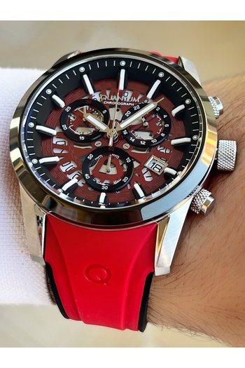 Quantum Functions Active Red Color Silicone Cord Steel Case Men Wristwatch 1095658