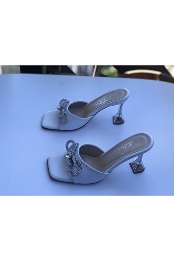 Holdays Stone Detailed Women's White Slippers 8 cm Heel