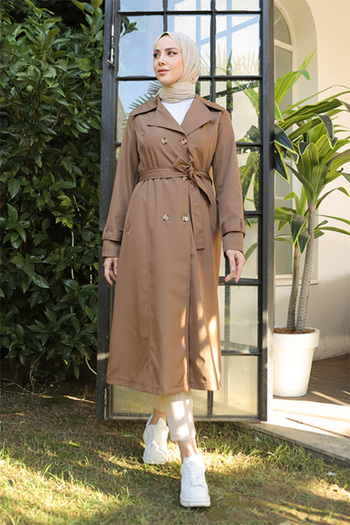 benguen 1251 Button Detailed Trench Coat Tan