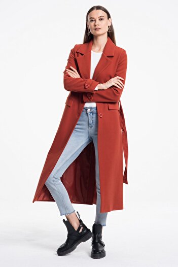 Pitti Women's Brick Buttoned Long Coat 70506