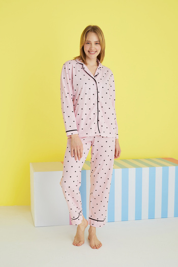 Siyah İnci Pink Black Score Patterned Buttoned Piping Knitted Pajamas Set