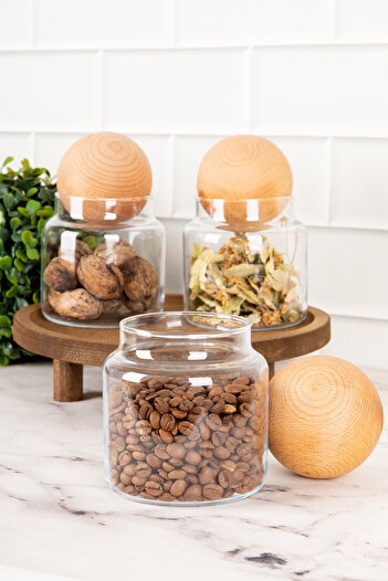 DNS HOME 3-Piece Wooden Ball Lid Glass Storage Container and Wooden Stand Standing Jar Set Spice Jar Set 500 ml
