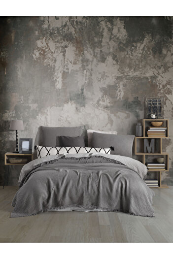 destinyhometex Anthracite Colored Double Fringed 240x250cm Bedspread/2 Pieces 50x70cm Pillow 4 Layers 100% Cotton