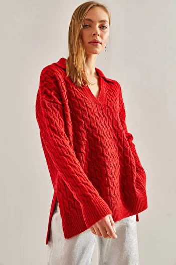 Bianco Lucci Women's V-Neck Patterned Knitwear Sweater