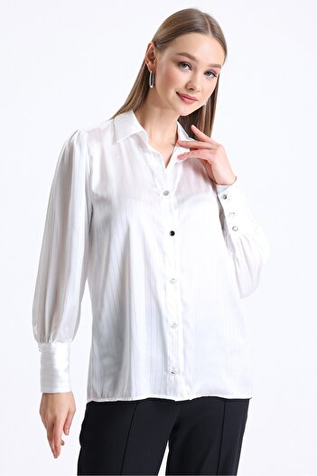 MD trend Women's Glitter Striped Balloon Sleeve Gather Detailed Oversize Satin Shirt