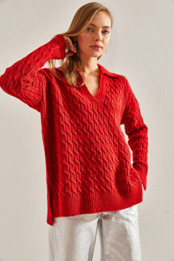 Bianco Lucci Women's V-Neck Patterned Knitwear Sweater