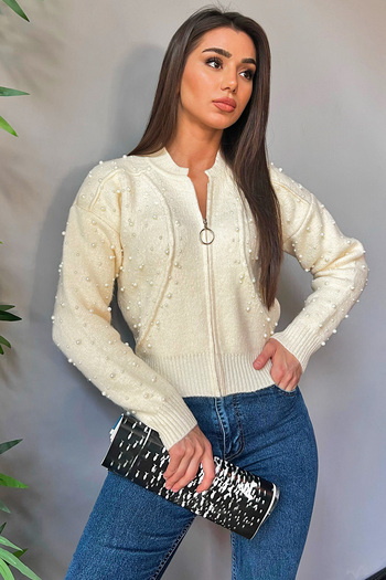 GÜLSELİ Cream Pearl Zippered Women's Cardigan