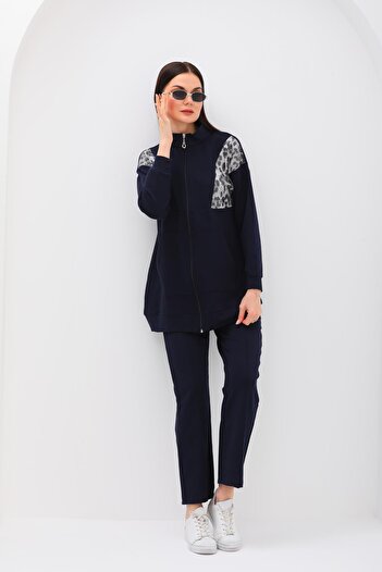 WestBound Women's Leopard Sequin Sequined Daily 2-Piece Sports Set Navy Blue