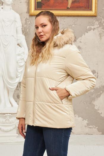 RMG Hooded Shiny Fabric Plus Size Ecru Puffer Coat