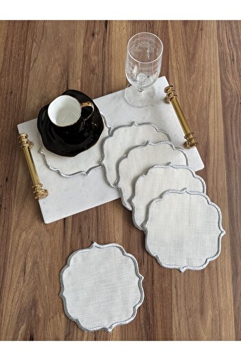 Nurhanhome 6 Pieces Premium Linen Fabric Edges Embroidery Coffee Side Cocktail Presentation Napkin