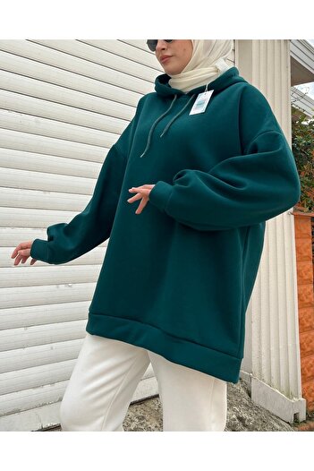 modabetce Extra Oversize Nefti Yeşili Basic 3 Iplik Pamuklu Şardonlu Kadın Sweatshirt 1003