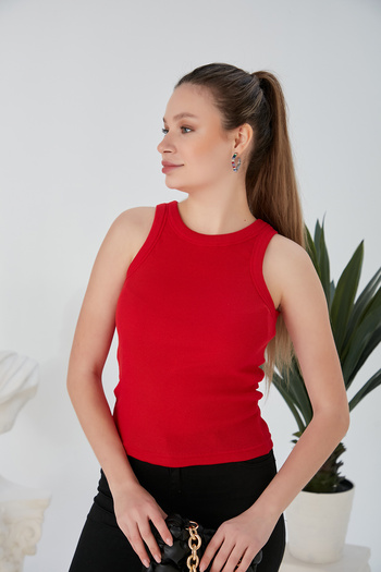 CATSPY Red Zargo Model Fitted Wide Piping Halter Neck Ribbed Flexible Knitted Crop Blouse