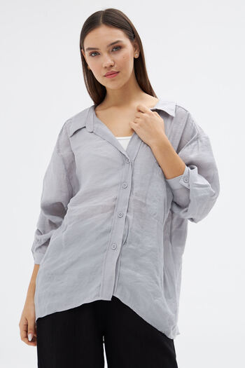 Laluvia Gray Low Shoulder Oversize Shirt